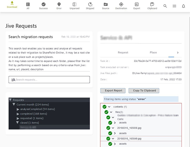 Migration report screen